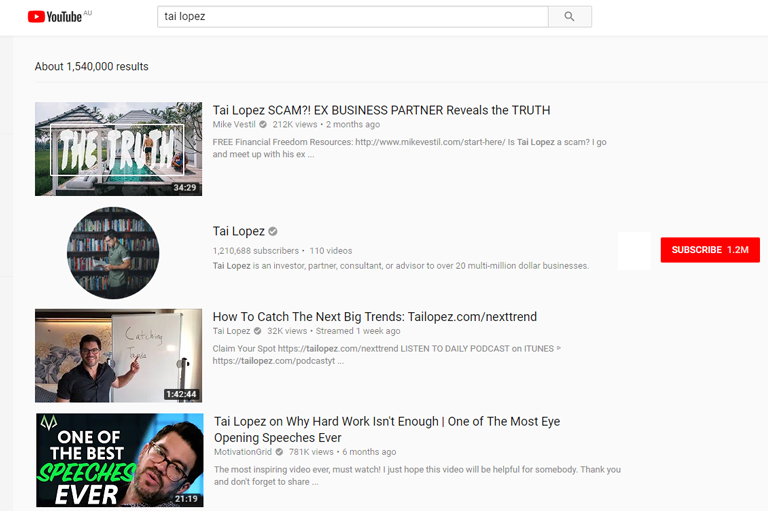 How to promote your YouTube channel – Tai Lopez search results